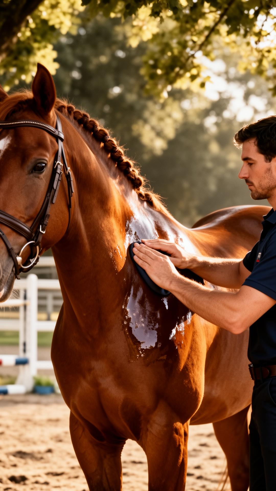 Groom polishing Azure Comet in the paddock
